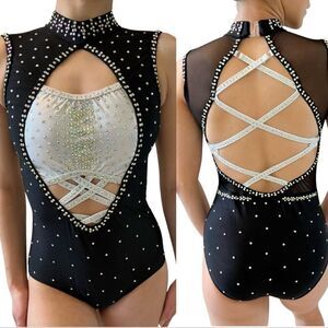 Glamour solo custom dance costume black leotard rhinestone MA-Medium adult